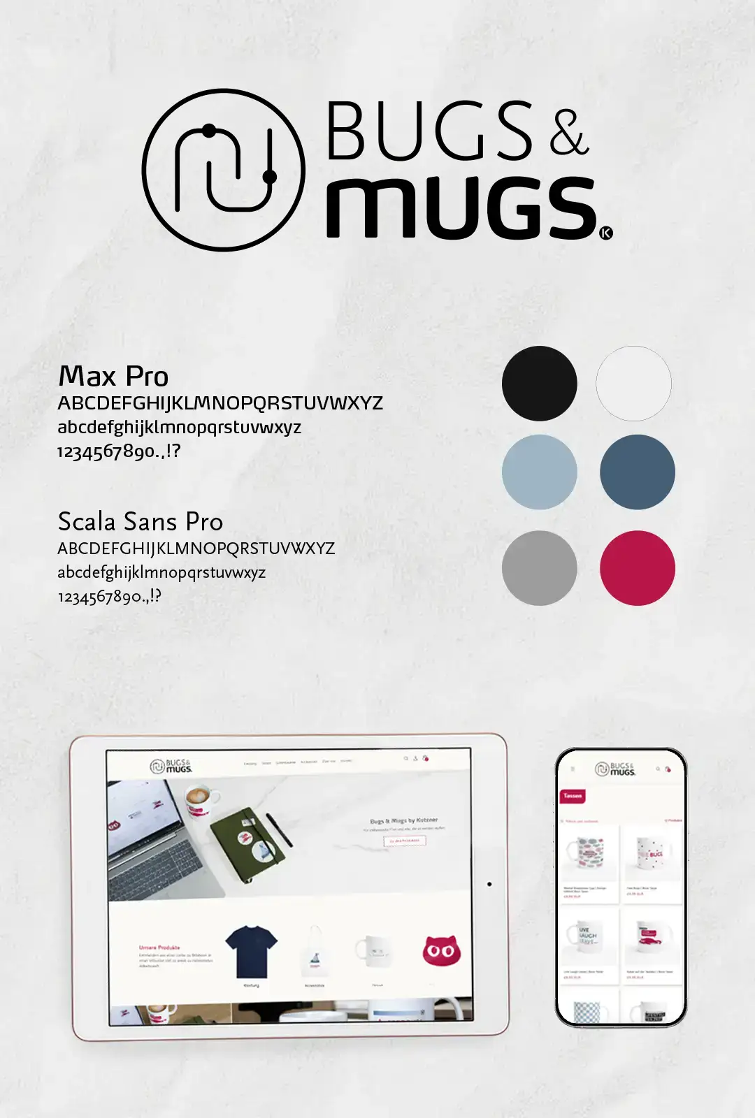 Das Logo der Firma Bugs & Mugs mit den dazugehörigen Schriften, Farben und Webauftritt als Beispiel. Es handelt sich um ein modernes, eher minimalistisches Design
